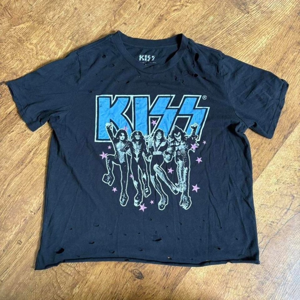 93. faded black navy KISS band t-shirt with blue accents, intentional distressed